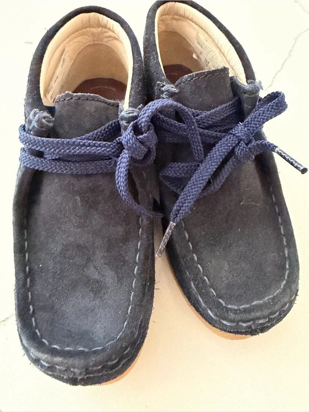 Kids Clark Wallabee Navy Suede Moccasin Ankle Boots